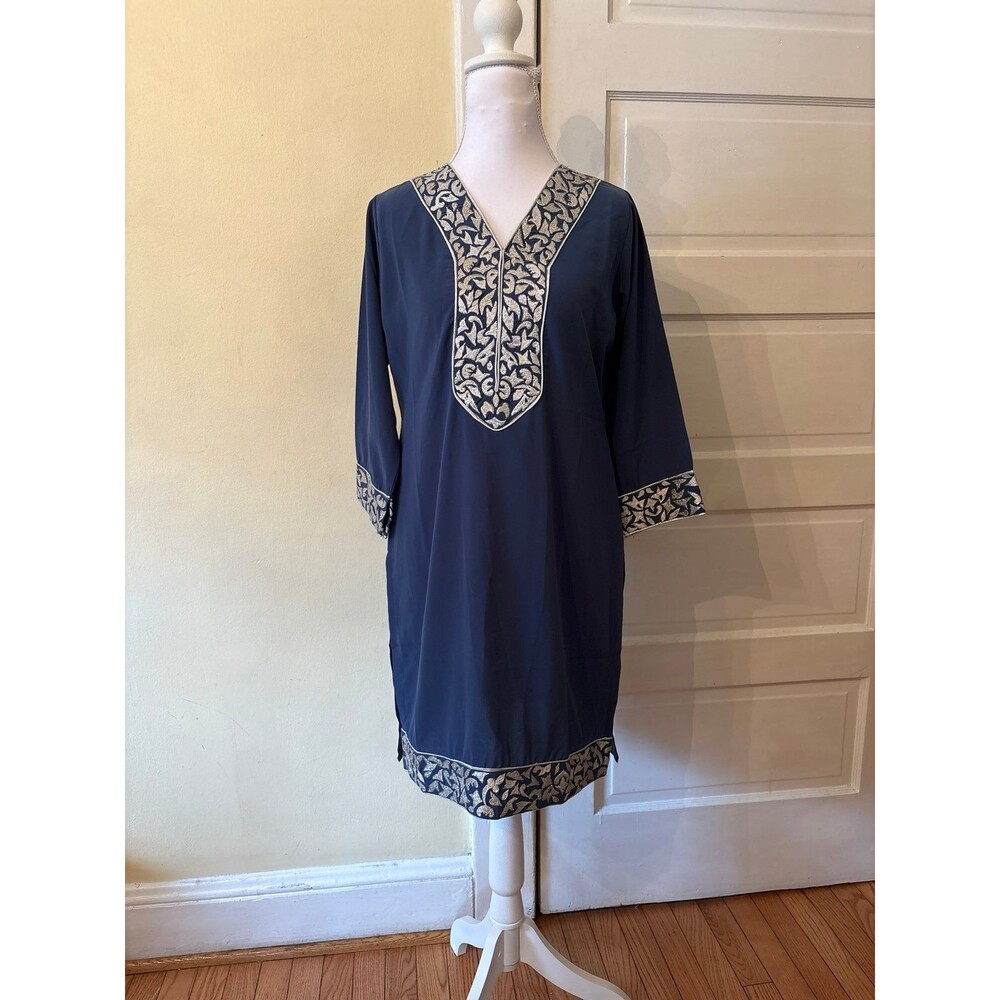 Womens Indian kurti tunic top embroidered neckline sleeves navy ethnic side slit